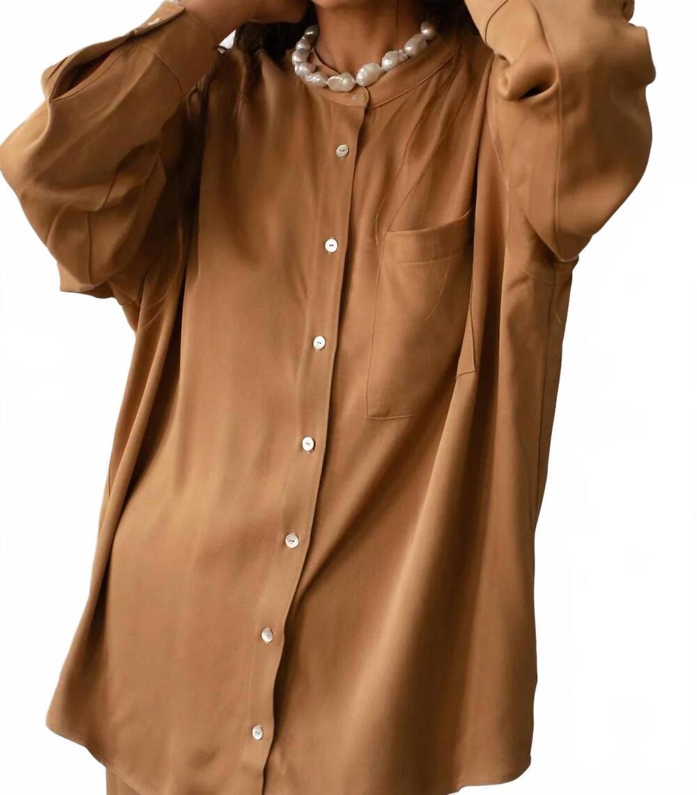 NEW DONNI. satiny mandarin shirt in camel